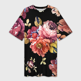 Платье-футболка 3D с принтом Розы в летней ночи  Fashion trend ,  |  | bouquet | fashion | flower | leaf | night | rose | букет | лист | мода | ночь | роза | цветок