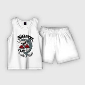 Детская пижама с шортами хлопок с принтом Shark boxing team ,  |  | boxing gloves | fangs | fin | force | jaw | power | shark | tail | team | teeth | акула | бокс | зубы | клыки | мощь | пасть | перчатки | плавник | сила | хвост