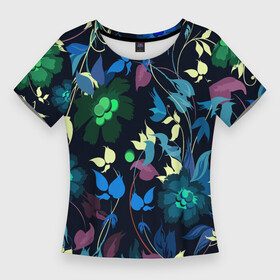 Женская футболка 3D Slim с принтом Color summer night  Floral pattern ,  |  | Тематика изображения на принте: color | fashion | flowers | night | pattern | summer | мода | ночь | узор | цвет | цветы