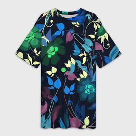 Платье-футболка 3D с принтом Color summer night  Floral pattern ,  |  | Тематика изображения на принте: color | fashion | flowers | night | pattern | summer | мода | ночь | узор | цвет | цветы