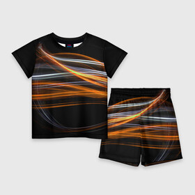 Детский костюм с шортами 3D с принтом Волнообразные линии неона  Оранжевый ,  |  | abstraction | art | colorful | colors | neon | surrealism | абстракция | арт | волны | искусство | линии | неон | разноцветный | сюрреализм | цвета
