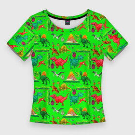 Женская футболка 3D Slim с принтом TEXTURE WITH DINOSAURS ,  |  | brontosaurus | egg | pterodactyl | tyrannosaurus | volcano | бронтозавр | вулкан | птеродактиль | тиранозавр | яйцо