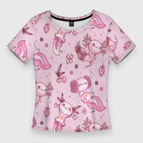 Женская футболка 3D Slim с принтом Аксолотль саламандра ,  |  | аксолотль | игра | личинка | лунтик | майнкрафт | розовый | саламандра | фон | ящерица