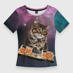 Женская футболка 3D Slim с принтом Космический котёнок диджей  Space DJ Cat ,  |  | galaxy | in space | pizza | vinyl | vynil | в космосе | винил | вселенная | галактика | диск жокей | космическая кошка | космический кот | космос | кот | котик | котята | микшер | пицца | прикол | пульт | юмор