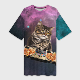 Платье-футболка 3D с принтом Космический котёнок диджей  Space DJ Cat ,  |  | galaxy | in space | pizza | vinyl | vynil | в космосе | винил | вселенная | галактика | диск жокей | космическая кошка | космический кот | космос | кот | котик | котята | микшер | пицца | прикол | пульт | юмор