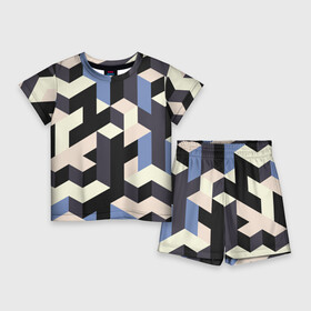 Детский костюм с шортами 3D с принтом Изометрическая Мозаика ,  |  | isometric | mosaic | pattern | изометрический | мозаика | синий | узор
