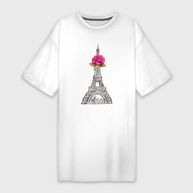 Платье-футболка хлопок с принтом Эйфелева башня и роза ,  |  | город | париж | рисунок | роза | розовый | страна | цветок | штрих | эйфелева башня