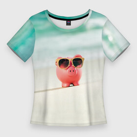 Женская футболка 3D Slim с принтом Свинка на отдыхе ,  |  | pig | берег | животное | звери | курорт | море | отдых | отпуск | песок | пляж | свинка | свинка на отдыхе | свинтус | свинья | хрюшка