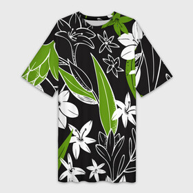 Платье-футболка 3D с принтом Белые цветы в летней ночи ,  |  | composition | fashion | flowers | leafs | night | summer | композиция | лето | листья | мода | ночь | цветы