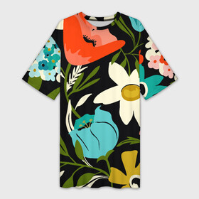 Платье-футболка 3D с принтом Яркие цветы на фоне тёмной летней ночи ,  |  | composition | fashion | flowers | leafs | night | poppy | summer | композиция | лето | листья | мак | мода | ночь | цветы