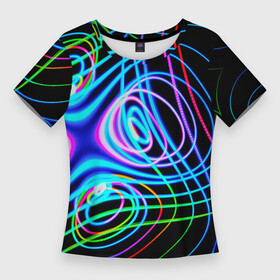Женская футболка 3D Slim с принтом Неоновое множество линий  Голубой ,  |  | abstraction | art | artwork | colorful | colors | dark | darkness | lines | neon | surrealism | waves | абстракция | арт | волны | искусство | линии | неон | разноцветный | сюрреализм | темнота | тьма | цвета