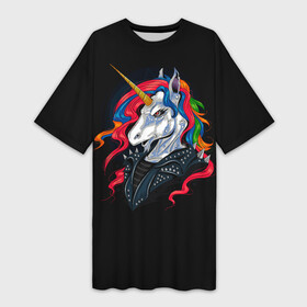 Платье-футболка 3D с принтом UNICORN METALHEAD ,  |  | animal | colored mane | horn | horse | metalworker | животное | лошадь | металлист | рог | цветная грива