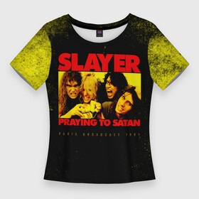 Женская футболка 3D Slim с принтом Praying To Satan  Slayer ,  |  | slayer | группа | гэри холт | керри кинг | метал | музыка | пентаграмма | песни | пол бостаф | рок | слаер | слайер | слеар | слеер | слейр | слеяр | том арайа | трэш | тяжелый | хеви
