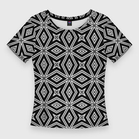 Женская футболка 3D Slim с принтом Черно белый узор геометрический ромбы ,  |  | black and white | geometric | geometric shapes | геометрические фигуры | геометрический узор | ромбы | современный | черный | черный и белый