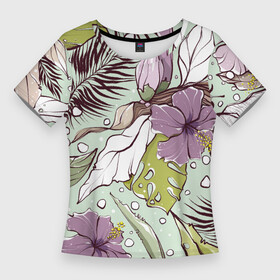 Женская футболка 3D Slim с принтом Розово сиреневые цветы петуньи с зеленовыми , бежевыми, белыми и коричневыми пальмовыми листами на мятном фоне ,  |  | банановый лист | белые листья | бесшовный | зелёные листья | зеленый | летний паттерн | монстера | мятный | пальмовые листья | паттерн | петунья | розовые цветы | садовые цветы