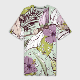 Платье-футболка 3D с принтом Розово сиреневые цветы петуньи с зеленовыми , бежевыми, белыми и коричневыми пальмовыми листами на мятном фоне ,  |  | банановый лист | белые листья | бесшовный | зелёные листья | зеленый | летний паттерн | монстера | мятный | пальмовые листья | паттерн | петунья | розовые цветы | садовые цветы