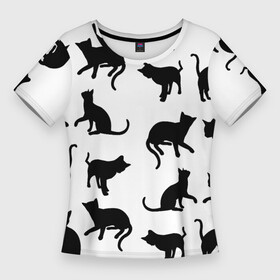 Женская футболка 3D Slim с принтом Черные кошечки ,  |  | векторные | кошечки | милашки | позы | черные котята