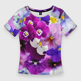 Женская футболка 3D Slim с принтом CHARMING PANSIES ,  |  | botanical | bouquet | floral | garden | gre | nature | pansies | pink | plant | spring | summer | yellow | анютины глазки | ботанический | букет | весна | желтый | зеленый | красивый | красочный | лето | лист | природа | растение | розовый