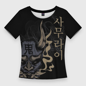 Женская футболка 3D Slim с принтом Японская маска демона ханья ,  |  | демон | иероглифы | маска | самурай | ханья