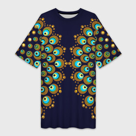 Платье-футболка 3D с принтом Мандала из павлиньих перьев ,  |  | Тематика изображения на принте: геометрия | йога | круг | круги | круглый узор | медитация | павлин | павлиньи | перо | перья | симметрия | стмметричный | узоры | чакры
