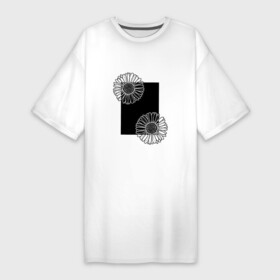 Платье-футболка хлопок с принтом Ромашки с черным прямоугольником ,  |  | весна | геометрия | лето | линии | ромашки | силуэт | флора | цветы | черное