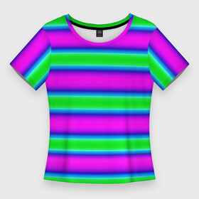 Женская футболка 3D Slim с принтом Зеленый и фиолетовые яркие неоновые полосы striped pattern ,  |  | modern | neon | striped pattern | горизонтальные полоы | зеленые полосы | полосатый узор | фиолетовые полосы