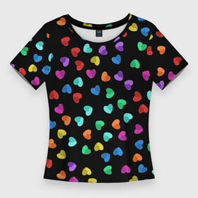 Женская футболка 3D Slim с принтом Сердечки разноцветные на черном ,  |  | любовь | разноцветные | сердечки | сердца | цветные | яркий принт