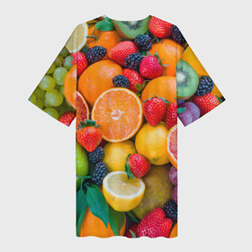 Платье-футболка 3D с принтом ABUNDANCE OF FRUITS ,  |  | colorful | fresh | grape | green | healthy | lemon | orange | pineapple | red | strawberry | summer | sweet | vegetarian | yellow | ананас | апельсин | вегетарианский | виноград | желтый | здоровый | зеленый | клубника | красный | красочный | лето | лимон