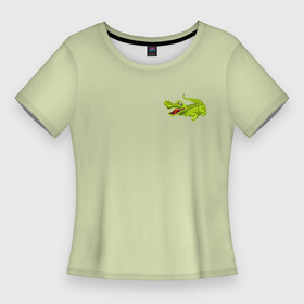 Женская футболка 3D Slim с принтом Крокодил на фоне салатного цвета crocodile ,  |  | crocodile | for a child | for kids | green color | детский рисунок | дизайн с крокодилом | для детей | зеленый крокодил | зеленый фон | крокодил | принт для ребенка | рисунок крокодила | салатный цвет