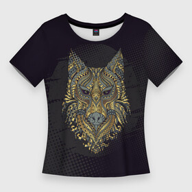 Женская футболка 3D Slim с принтом Голова волка с узорами ,  |  | волк | голова волка | животное | узор | хищник | этнос