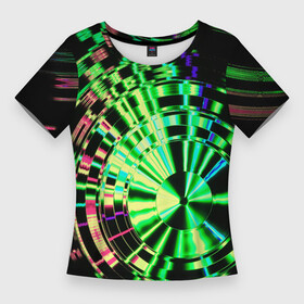 Женская футболка 3D Slim с принтом Неоновые дискообразные узоры  Зелёный ,  |  | abstraction | art | artwork | circle | colorful | colors | disk | graphics | lines | neon | patterns | surrealism | абстракция | арт | графика | диск | искусство | круг | линии | неон | разноцветный | сюрреализм | узоры | цвета