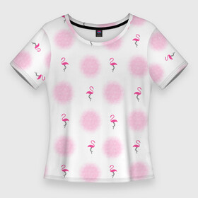 Женская футболка 3D Slim с принтом Фламинго и круги на белом фоне ,  |  | birds | bright | circles | flamingo | geometric | geometry | minimalism | minimalistic | pink | round | simple | summer | trendy | vacation | геометрический | геометрия | круги | лето | минимализм | минималистичный | отпуск | простой | птицы | розовый | ф