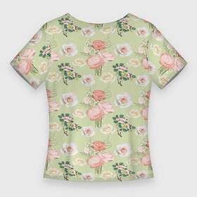 Женская футболка 3D Slim с принтом Розы на фоне салатного цвета roses ,  |  | for girls | for women | rose pattern | roses | для девочек | для женщин | принт для девочек | розовые розы | розы | салатный фон | узор из роз