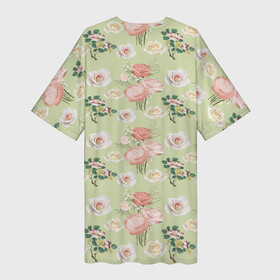Платье-футболка 3D с принтом Розы на фоне салатного цвета roses ,  |  | for girls | for women | rose pattern | roses | для девочек | для женщин | принт для девочек | розовые розы | розы | салатный фон | узор из роз