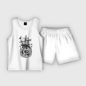 Детская пижама с шортами хлопок с принтом The frigate and the Pirate s Skull ,  |  | anchor | emblem | fish | frigate | mast | ornament | skull | мачта | орнамент | рыба | фрегат | череп | эмблема | якорь