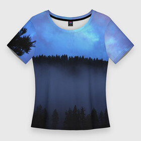 Женская футболка 3D Slim с принтом Неоновое небо над лесом ,  |  | Тематика изображения на принте: forest | деревья | дым | лес | мрачный лес | небо | неон | неоновый | природа | туман
