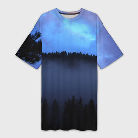 Платье-футболка 3D с принтом Неоновое небо над лесом ,  |  | forest | деревья | дым | лес | мрачный лес | небо | неон | неоновый | природа | туман