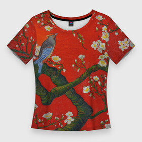 Женская футболка 3D Slim с принтом Птица на ветвях сакуры ,  |  | ван гог | весна | ветви | ветки | дерево | живопись | искусство | красный | миндаль | природа | птица | сакура | цветы