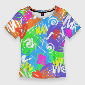 Женская футболка 3D Slim с принтом Яркий геометрический принт на белом фоне ,  |  | абстрактный | в школу | геометрический | детский | для школы | карандаши | карандашный | кислотный | круги | неоновый | радужный | разноцветный | рисунок | сердечки | спираль | узор | цветной