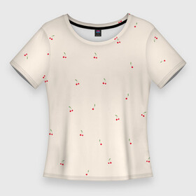 Женская футболка 3D Slim с принтом Вишня на бежевом фоне ,  |  | бежевый | вишенка | вишнёвый | вишня | детский принт | зелень | красный | лето | милый принт | паттерн | тепло | фрукт | ягоды