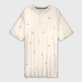 Платье-футболка 3D с принтом Вишня на бежевом фоне ,  |  | бежевый | вишенка | вишнёвый | вишня | детский принт | зелень | красный | лето | милый принт | паттерн | тепло | фрукт | ягоды