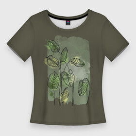 Женская футболка 3D Slim с принтом Нежные акварельные листья ,  |  | Тематика изображения на принте: акварель | акварельный | болотный | живописный | зеленый | камуфляж | камуфляжный | куст | кусты | лесной | летний | лето | листья | нежный | пейзаж | пятна | растения | узор | хаки