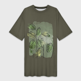 Платье-футболка 3D с принтом Нежные акварельные листья ,  |  | акварель | акварельный | болотный | живописный | зеленый | камуфляж | камуфляжный | куст | кусты | лесной | летний | лето | листья | нежный | пейзаж | пятна | растения | узор | хаки