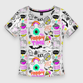 Женская футболка 3D Slim с принтом HAPPY TIME ,  |  | banana | bread | fish | flying saucer | food | fruit | happy | kettle | pizza | quotes | time | toaster | банан | время | еда | летающая тарелка | пицца | рыба | счастливый | тостер | фрукт | хлеб | цитаты | чайник