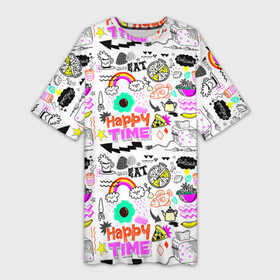 Платье-футболка 3D с принтом HAPPY TIME ,  |  | banana | bread | fish | flying saucer | food | fruit | happy | kettle | pizza | quotes | time | toaster | банан | время | еда | летающая тарелка | пицца | рыба | счастливый | тостер | фрукт | хлеб | цитаты | чайник