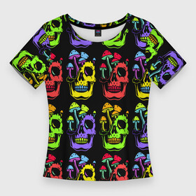 Женская футболка 3D Slim с принтом Мухоморы, растущие на черепе ,  |  | color | eye sockets | fly agaric | jaw | mushroom | neon | skull | teeth | глазницы | гриб | зубы | мода | мухомор | неон | пасть | цвет | череп