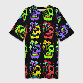 Платье-футболка 3D с принтом Мухоморы, растущие на черепе ,  |  | color | eye sockets | fly agaric | jaw | mushroom | neon | skull | teeth | глазницы | гриб | зубы | мода | мухомор | неон | пасть | цвет | череп