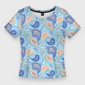 Женская футболка 3D Slim с принтом Турецкий огурец Turkish cucumber blue pattern ,  |  | blue background | blue pattern | turkish cucumber | в горошек | модный узор | турецкий огурец