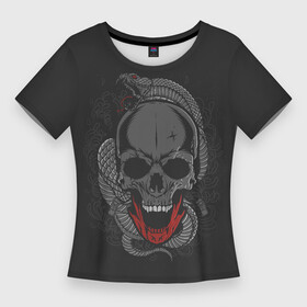 Женская футболка 3D Slim с принтом ЧЕРЕП СО ЗМЕЁЙ ,  |  | art | background | gothic | skeleton | skull | snake | teeth | арт | готика | змея | зубы | скелет | фон | череп