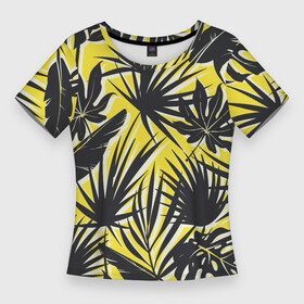 Женская футболка 3D Slim с принтом Красочная Тропическая Листва ,  |  | Тематика изображения на принте: jungles | palm | palm tree | summer | букет | деревья | джунгли | лето | листья | пальма | природа | растение | тропики | флора | чёрный